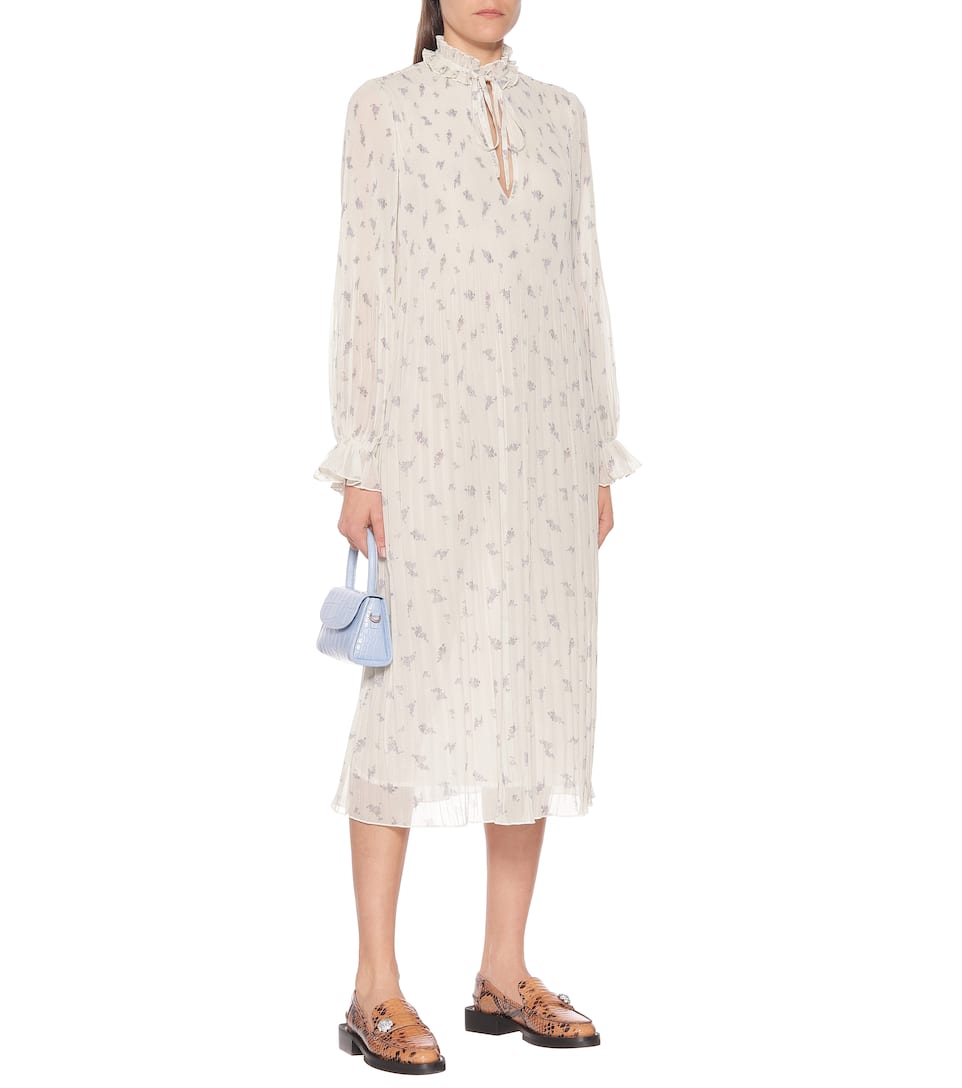 褶裥花卉乔其纱中长连衣裙