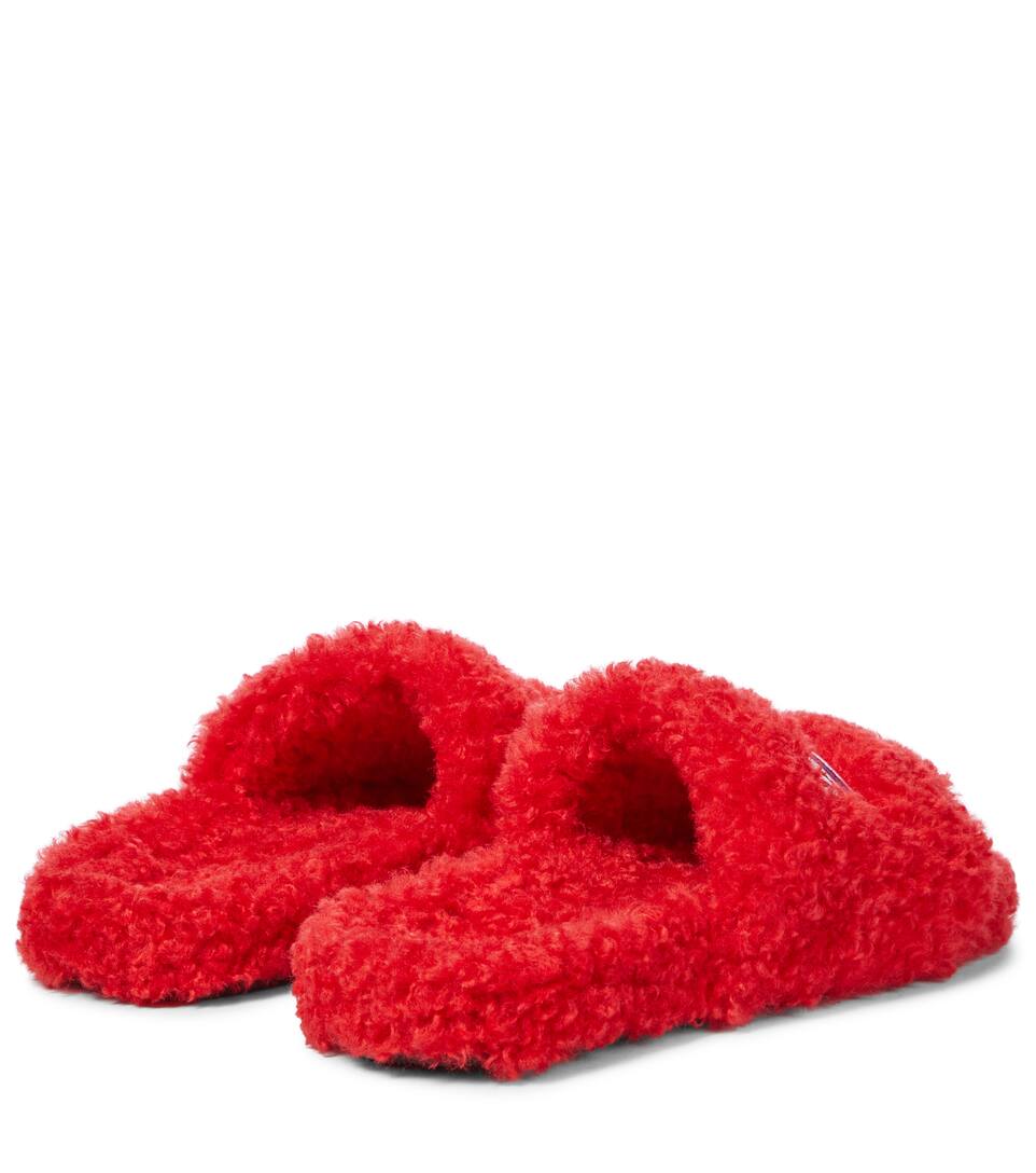 BALENCIAGA LOGO FAUX SHEARLING SLIDES,P00556270