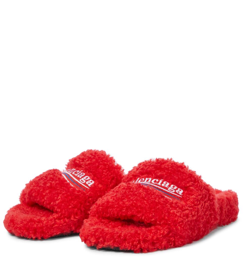 BALENCIAGA LOGO FAUX SHEARLING SLIDES,P00556270