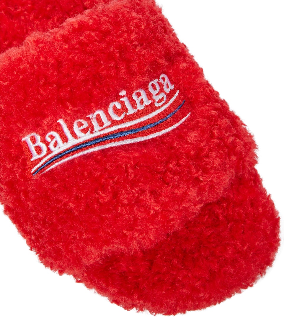 BALENCIAGA LOGO FAUX SHEARLING SLIDES,P00556270
