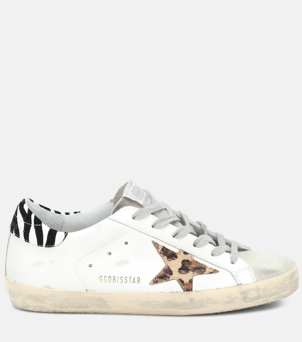 Golden Goose Superstar Distressed Leopard-print Calf Hair, Leather And Suede Sneakers In White 