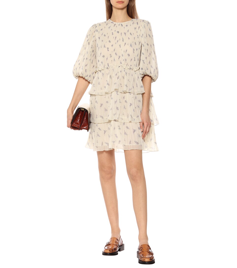 花卉褶裥乔其纱迷你连衣裙